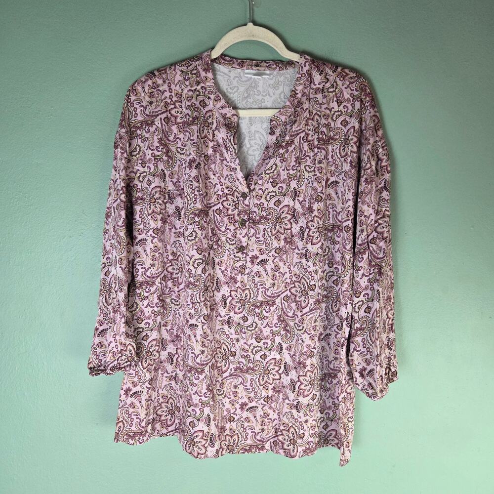 J. Jill PureJill Womens Medium Pink Paisley Floral Split Vneck Tunic Top Boho